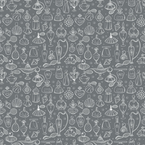 无缝的背景与涂鸦香水在灰色。可用于墙纸，图案填充，纺织品，网页背景，表面纹理。图片下载