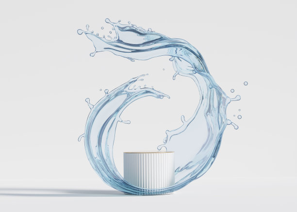 工作室背景上带有水花漩涡的3D白色基座。蓝色液体流动展示柜用于美容产品、化妆品的推广。抽象的3 d渲染。广告模型图片下载