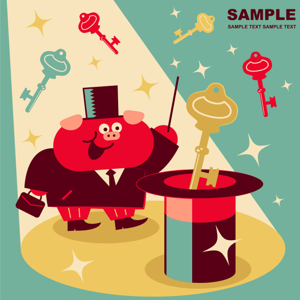 可爱的猪商人挥舞着魔杖，许多钥匙飞出魔术帽子图片下载