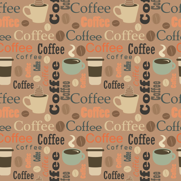 杯子和咖啡。咖啡，咖啡饮料的杯子和咖啡机在一个无缝的图案的彩色背景图片下载