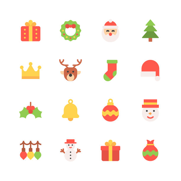 圣诞节平坦的图标。包含铃铛、圣诞球、圣诞灯、圣诞树、圣诞花环、皇冠、装饰品、礼物、礼物袋、驯鹿、圣诞老人、圣诞老人帽、雪人、袜子等图标。图片下载