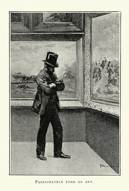 酷爱艺术的男人在画廊里欣赏绘画，维多利亚时代19世纪80年代图片下载