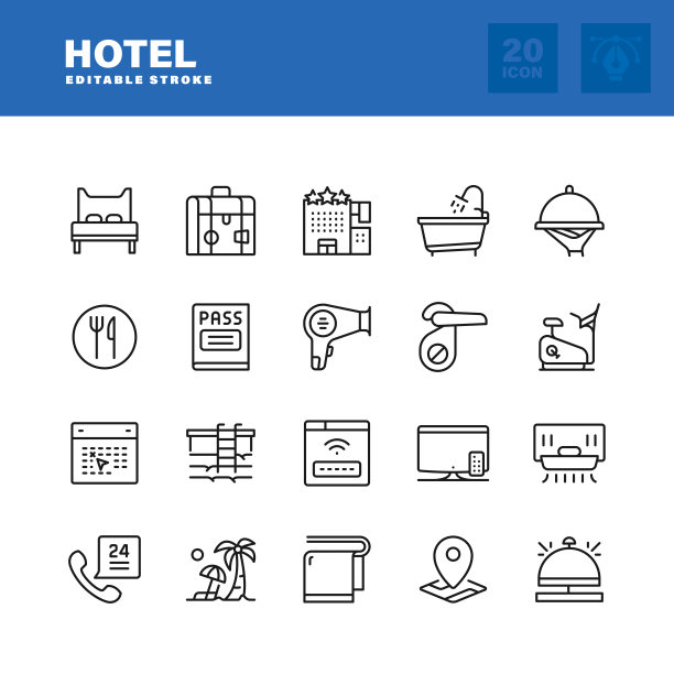 酒店线图标集。可编辑的中风。像素完美。图片下载
