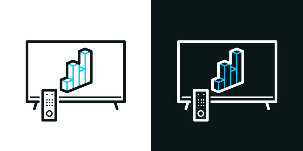 带3D图表的电视。黑色或白色背景上的双色线图标-可编辑的笔画图片下载