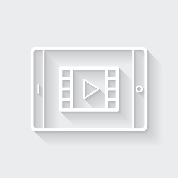 在平板电脑上观看视频。图标与空白背景上的长阴影-平面设计图片下载