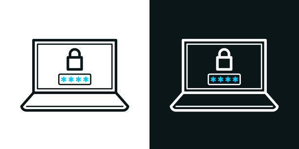 带密码的笔记本电脑。黑色或白色背景上的双色线图标-可编辑的笔画图片下载