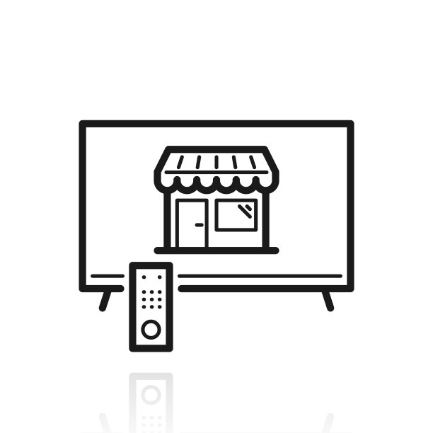 用电视在网上购物。白色背景上反射的图标图片下载