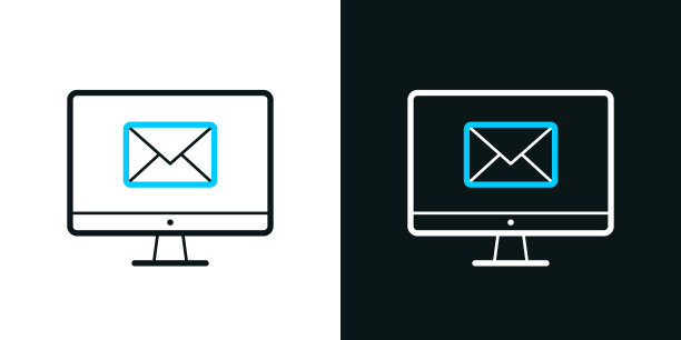 台式电脑与电子邮件消息。黑色或白色背景上的双色线图标-可编辑的笔画图片下载