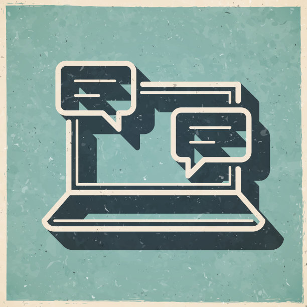带有聊天框的笔记本电脑。图标复古复古风格-旧纹理纸图片下载