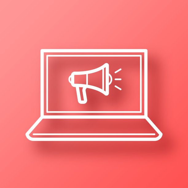 带扩音器的笔记本电脑。图标在红色背景与阴影图片下载