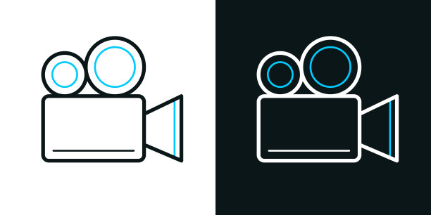 电影摄影机。黑色或白色背景上的双色线图标-可编辑的笔画图片下载