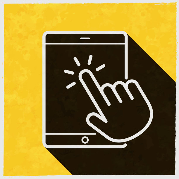 用手触摸平板电脑。图标与长阴影的纹理黄色背景图片下载