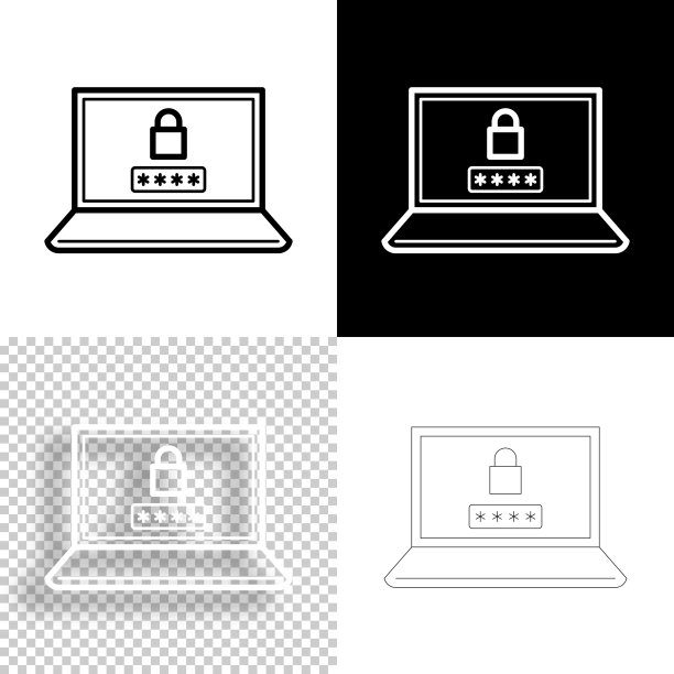 笔记本电脑密码。图标设计。空白，白色和黑色背景-线图标图片下载