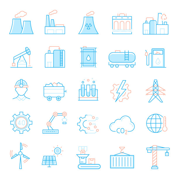 一套重工业和电力工业相关的直线图标。简单轮廓符号图标。图片下载