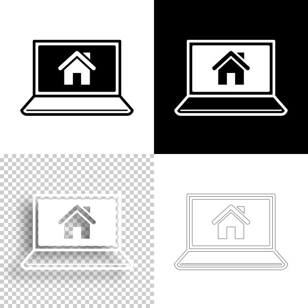 带智能家居的笔记本电脑。图标设计。空白，白色和黑色背景-线图标图片下载