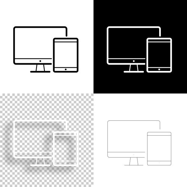 台式电脑和平板电脑。图标设计。空白，白色和黑色背景-线图标图片下载