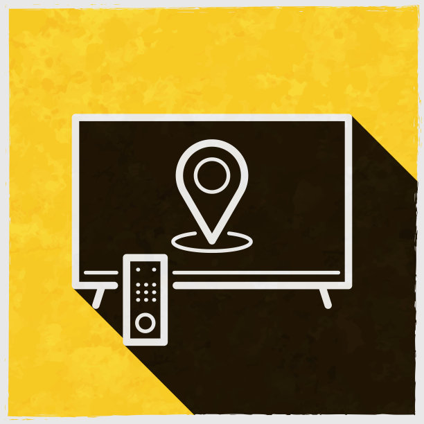 带定位针的电视。图标与长阴影的纹理黄色背景图片下载