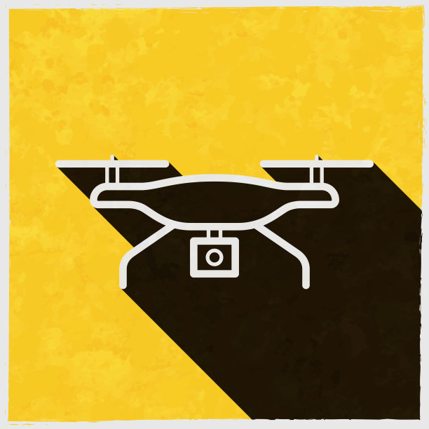 无人机与相机。图标与长阴影的纹理黄色背景图片下载
