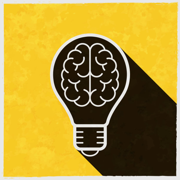 用大脑做灯泡。图标与长阴影的纹理黄色背景图片下载