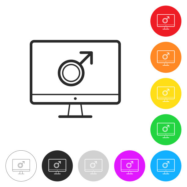 带有男性符号的台式电脑。彩色按钮上的图标图片下载