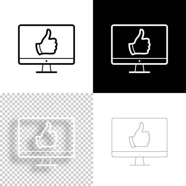 桌面电脑，竖起大拇指。图标设计。空白，白色和黑色背景-线图标图片下载
