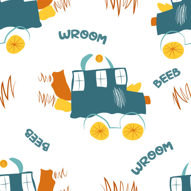 婴儿城市汽车。矢量无缝模式与可爱有趣的运输。卡通插图，简单幼稚的手绘斯堪的纳维亚风格的儿童。简单的粉彩调色板。图片下载