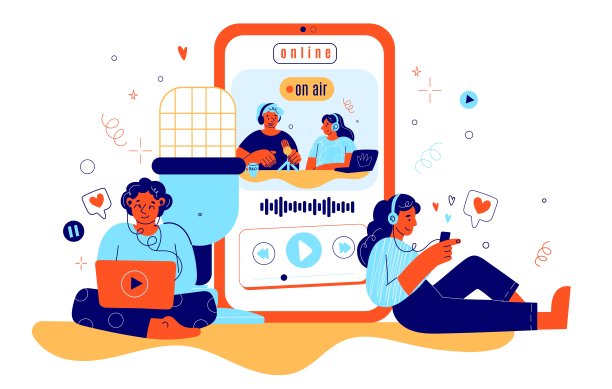播客录制摘要作文。大智能手机有流媒体广播或采访，博主有麦克风，听众戴着耳机，演播室说话，矢量隔离概念图片下载