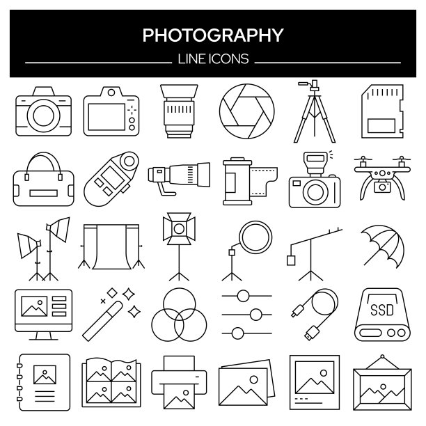 摄影相关的线条图标集。轮廓符号集合，可编辑的描边图片下载