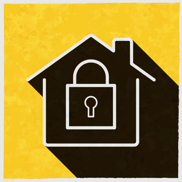 家庭安全-带挂锁的房子。图标与长阴影的纹理黄色背景图片下载
