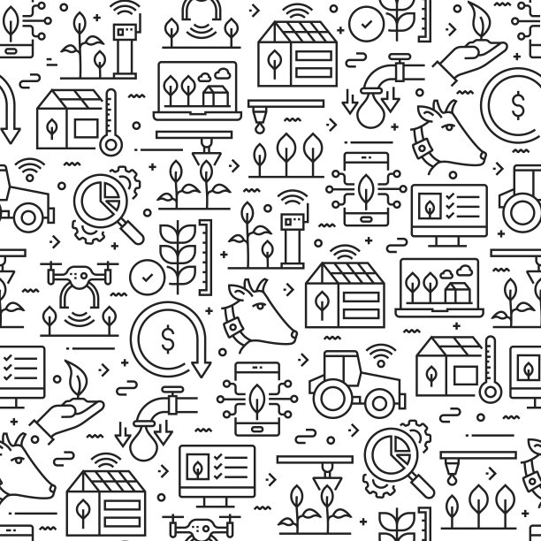 与智能农场相关的无缝模式和背景线图标图片下载