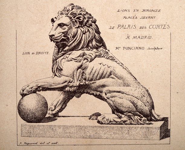 青铜狮子，爪子放在一个球体上，马德里科尔特斯宫，复古艺术版画图片下载