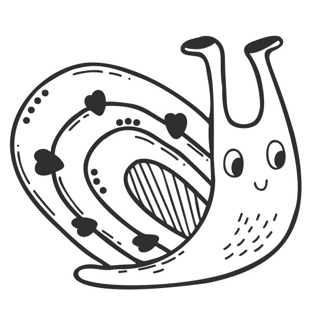 可爱的装饰蜗牛与彩虹壳与心。线性手绘涂鸦。有趣的mollusk-snail。矢量插图。图片下载