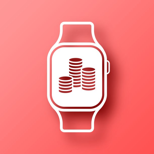 装有硬币的智能手表。图标在红色背景与阴影图片下载