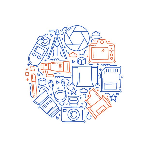 摄影相关的对象和元素。手绘矢量涂鸦插图集合。手绘图案设计图片下载