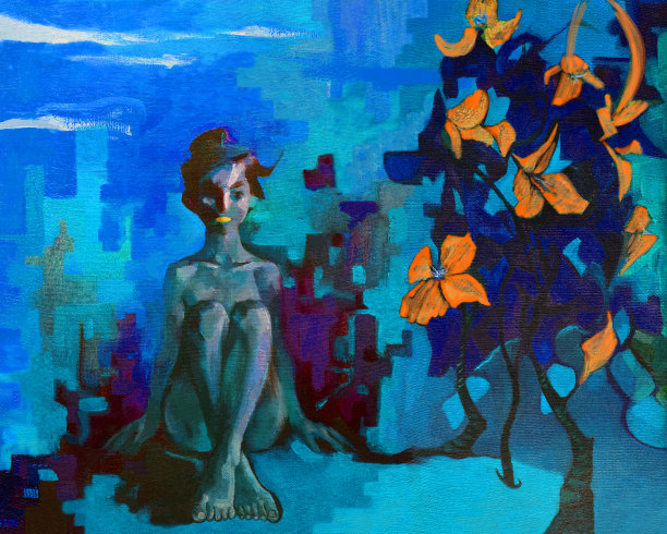 插图油画肖像人物一个坐着长发的女孩对着天空的花，树，草药图片下载