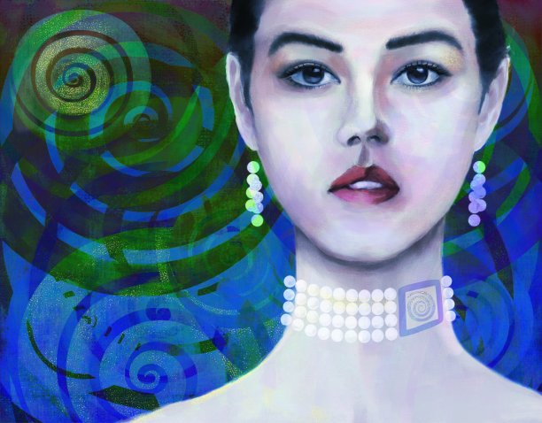 一幅有着亚洲和欧洲血统的年轻女子的肖像，上面装饰着太阳的象征图片下载