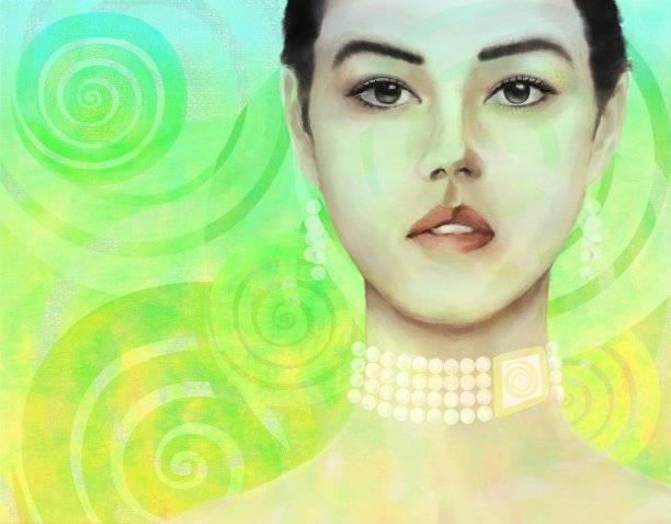 一幅有着亚洲和欧洲血统的年轻女子的肖像，上面装饰着太阳的象征图片下载