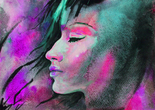 插图水彩肖像的一个年轻女子的侧面与长头发在风在明亮的夜晚灯光的背景图片下载