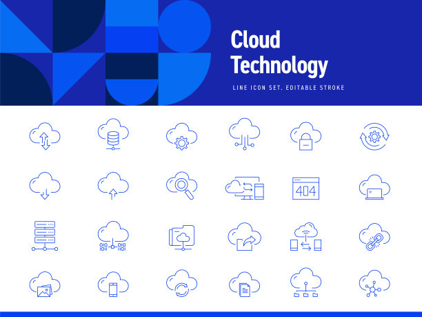 一组云技术相关的线图标。可编辑的中风。简单的轮廓图标。图片下载