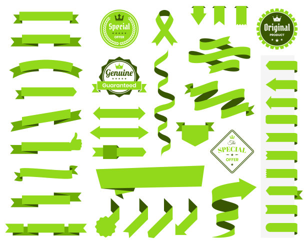 一套绿色丝带，横幅，徽章，标签-设计元素在白色的背景图片下载