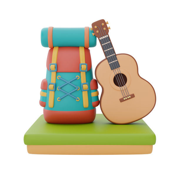 旅行背包与露营设备，吉他，夏令营概念，3d渲染。图片下载