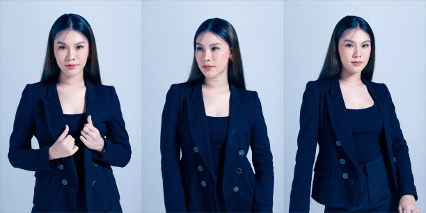拼贴半身像20多岁的亚洲商业女性黑色长直发穿黑色西装图片下载