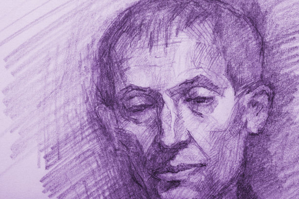插图铅笔画肖像的一个老人在紫色的色调图片下载