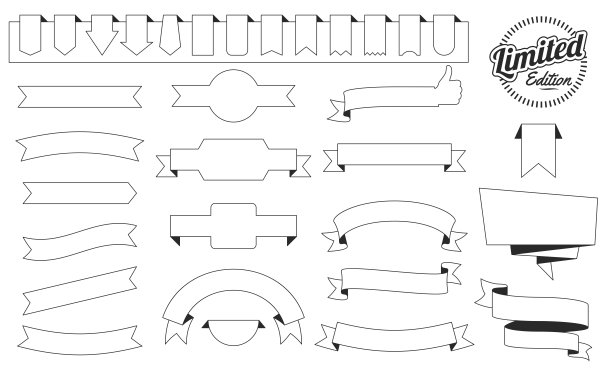 一套丝带，横幅，徽章，标签(轮廓，线条艺术)-设计元素在白色的背景图片下载