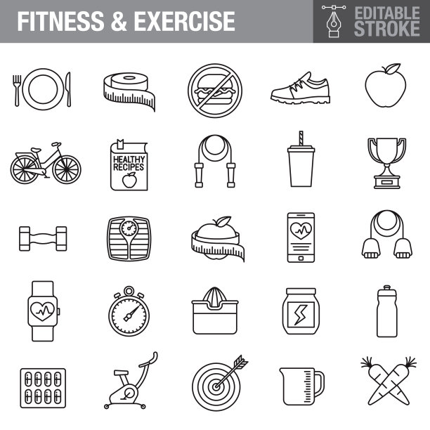 健身和饮食可编辑的中风图标设置图片下载