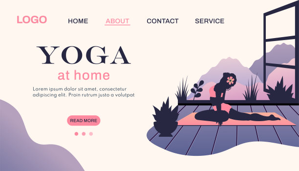 瑜伽旗帜。美丽的瑜伽女人在家剪影。女性角色在室内做冥想、呼吸练习。向量平面插图健康的生活方式，海报，网站图片下载