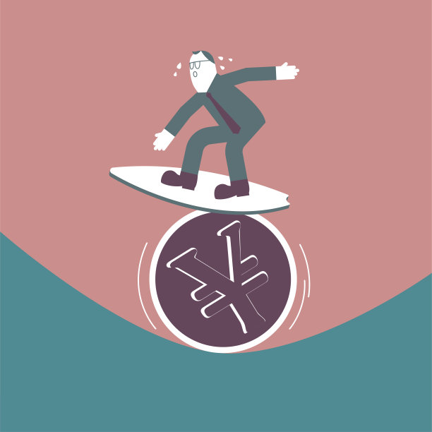 一个男人正在中国元硬币上冲浪。图片下载