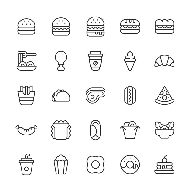 快餐系列的图标。可编辑的中风。包含早餐，蛋糕，芝士汉堡，鸡肉，羊角面包，甜点，饮料，食品配送，薯条，汉堡，热狗，冰淇淋，意大利面，比萨饼，爆米花，三明治，香肠，苏打水，牛排，塔可，外卖。图片下载