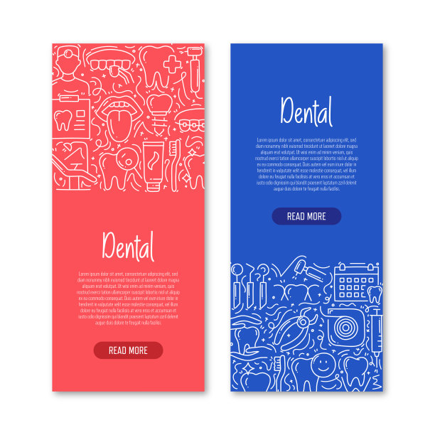 牙科相关的对象和元素。手绘矢量涂鸦插图集合。横幅模板与不同的牙齿对象图片下载