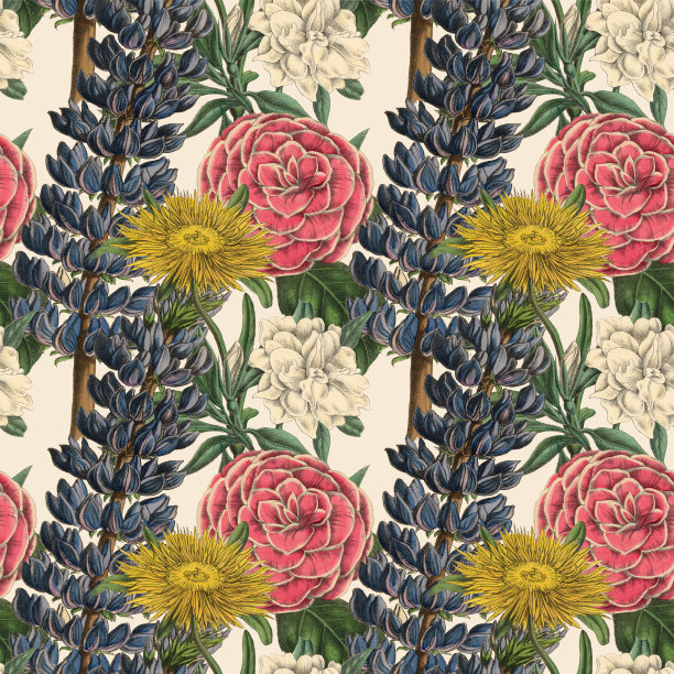 维多利亚植物，手工着色，无缝重复模式。逼真的盛开孤立的花复古织物背景。美丽的农舍花园和野花。壁纸巴洛克风格。绘画雕刻。维多利亚时代的插图。股票插图图片下载